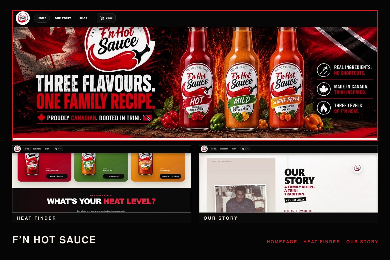 Current F'N Hot Sauce responsive e-commerce homepage featuring the complete product range and Canadian-Trinidadian brand direction.