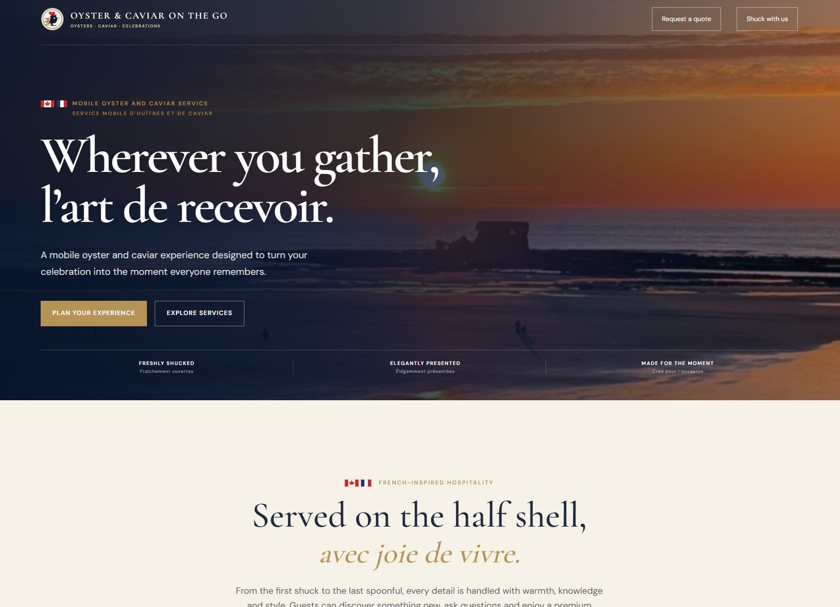 Oyster on the Go website homepage featuring the mobile oyster and caviar experience.
