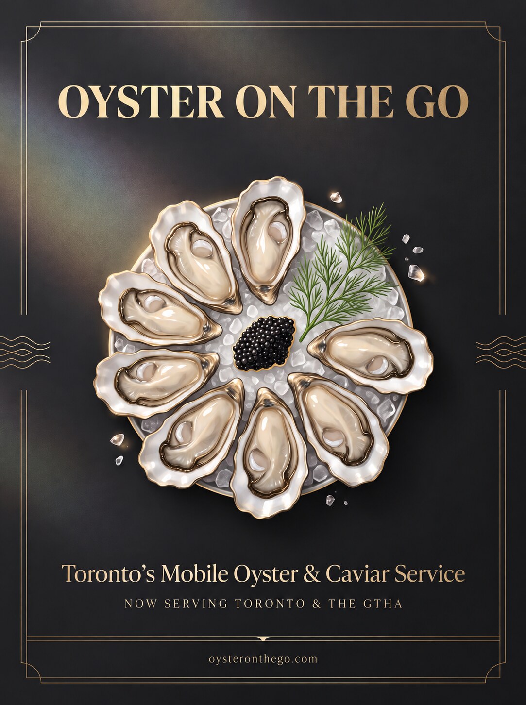 Oyster on the Go luxury poster featuring an oyster and caviar platter in a black and gold art-deco layout.
